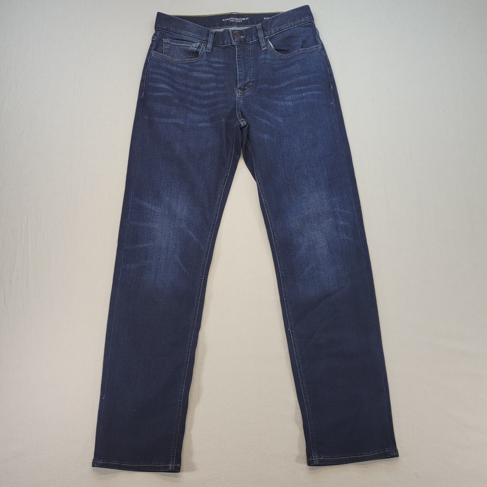 Banana Republic Traveler Jeans Mens 31x30 Blue Tapered Stretch Dark Wash Denim